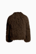 Brown shearling coat with full sleeves and fuzzy stand collar