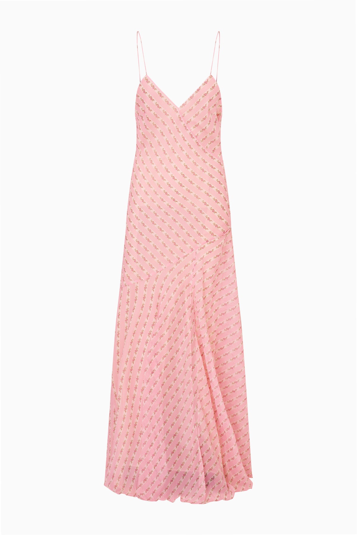 Light pink maxi dress on white background, spaghetti straps, V-neck, patterned skirt.