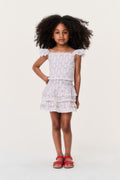 Girls tiered ruffle skirt with cherry stripe print, off-white and pink, short