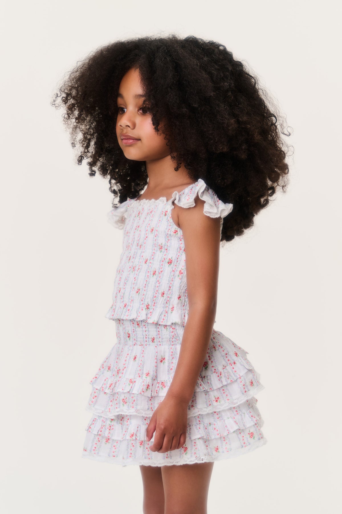 Girls tiered ruffle cherry-print skirt, off-white with pink details, layered skirt