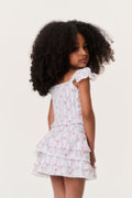Girls cherry-striped tiered skirt with ruffle layers, off-white and pink, short