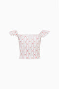 Girls white cherry-print peplum top with ruffled cap sleeves