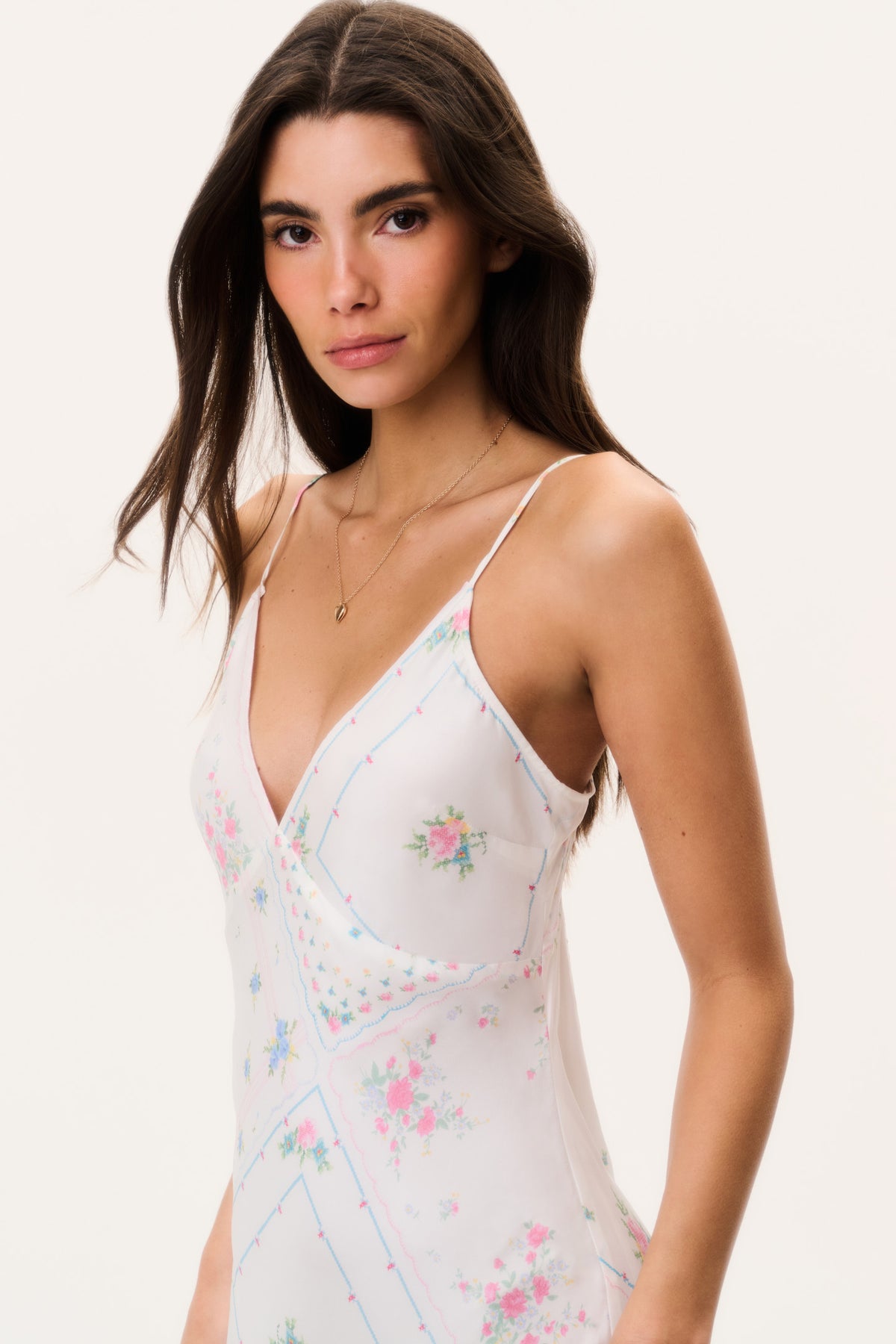Silk maxi dress with spaghetti straps, V-neck, pastel floral patchwork front