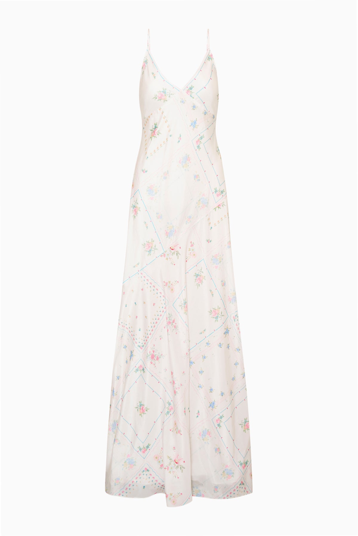 Silk maxi dress front view with spaghetti straps, pastel floral patchwork design