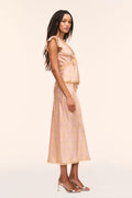 Silk-blend floral midi skirt in light pink, scalloped lace-trim hem