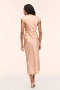 Floral midi skirt in light pink, straight back view with scalloped lace hem
