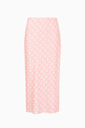 Pink print midi skirt with fitted waistband and straight hem