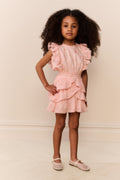 Girls peach ruffle tier dress with cap sleeves and layered skirt