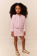 Girls pink tweed jacket with lace front trim and scalloped edges