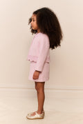 Girls pink tweed jacket with lace-trim cuffs and scalloped hem