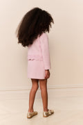 Girls pink tweed jacket with lace hem and bow-like pocket details