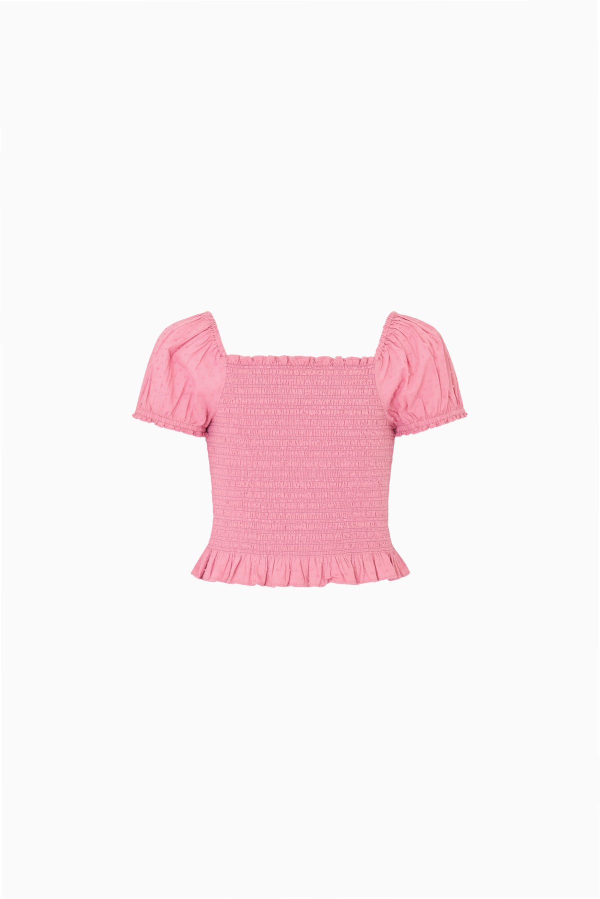 Girls’ pink smocked short-sleeve top with puff sleeves and ruffle hem