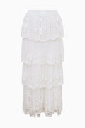 Ivory embroidered mesh tiered maxi skirt with tiered ruffle construction detail