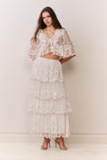 Ivory embroidered mesh tiered maxi skirt with scalloped tiered ruffles