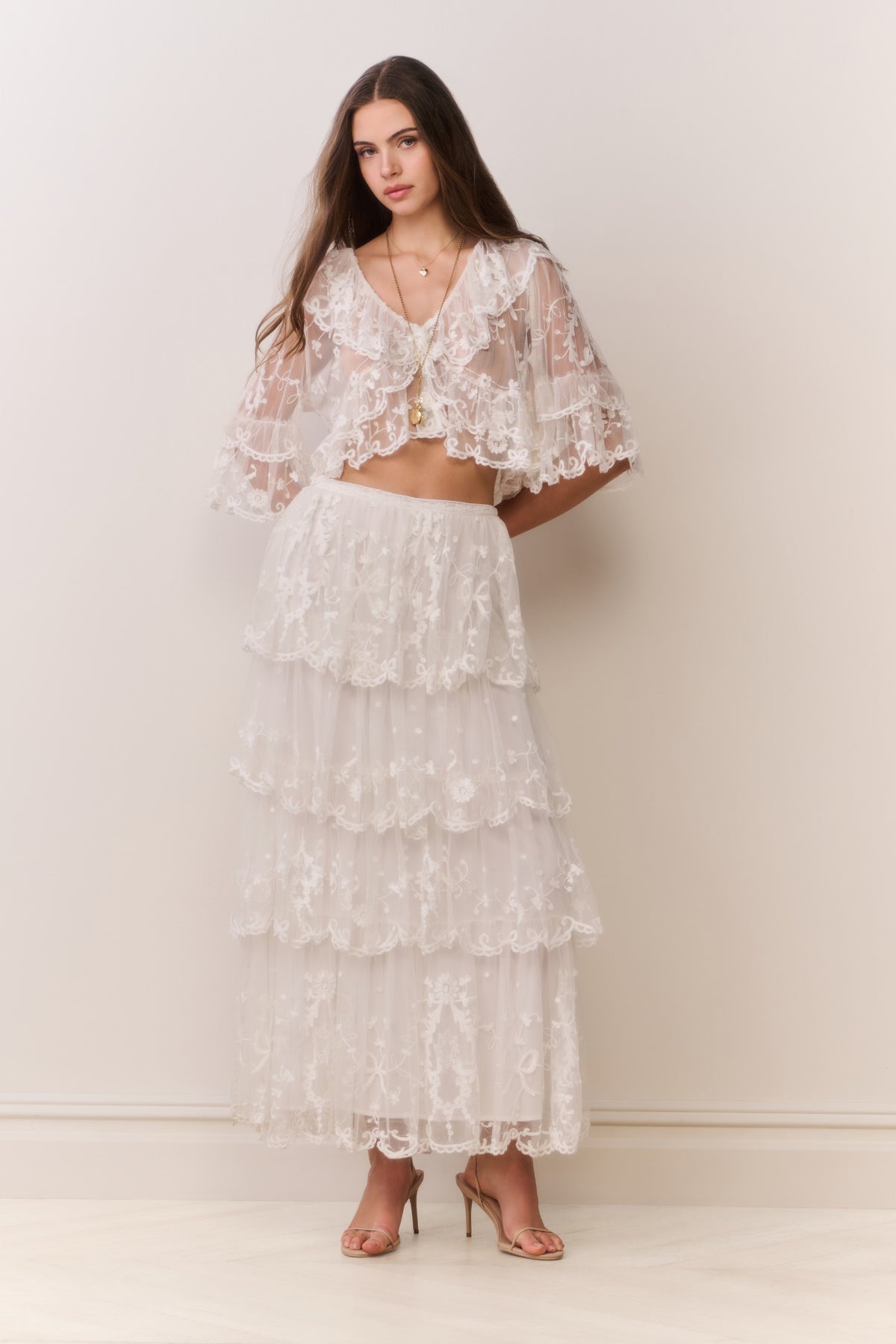Ivory embroidered mesh tiered maxi skirt with scalloped tiered ruffles