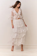 Ivory embroidered mesh tiered maxi skirt with tiered ruffles and sheer overlay