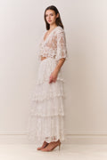 Ivory embroidered mesh tiered maxi skirt with layered ruffle tiers