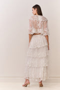 Ivory embroidered mesh tiered maxi skirt, back view with tiered ruffle layers