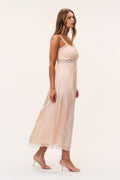Petal peach maxi dress with lace trim and scoop neckline, side view