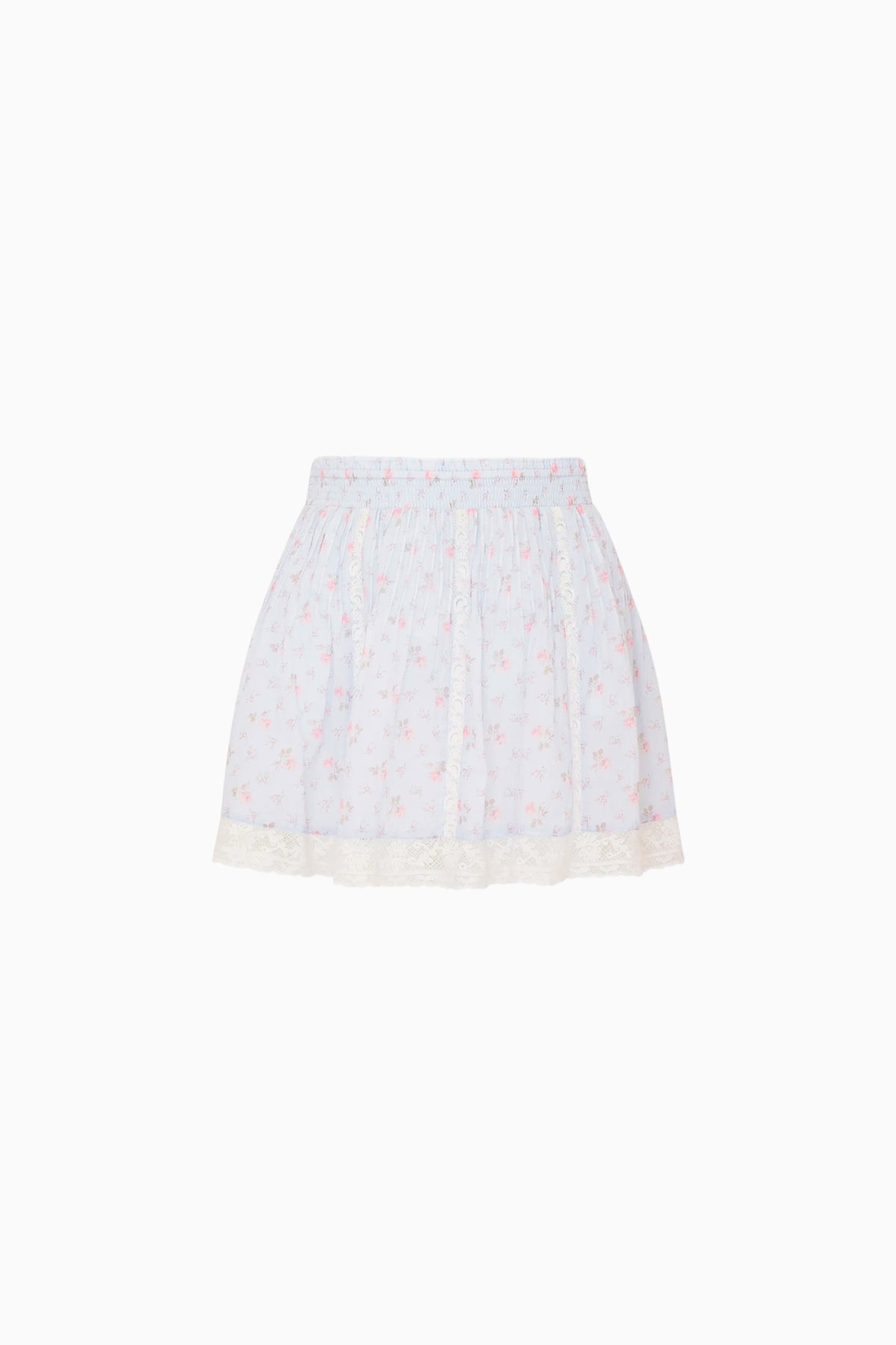 Ivory floral cotton skirt with elastic waist and tiered ruffle hem
