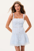 Light blue cotton mini dress with square neck, button-front styling, tiered ruffles, lace hem