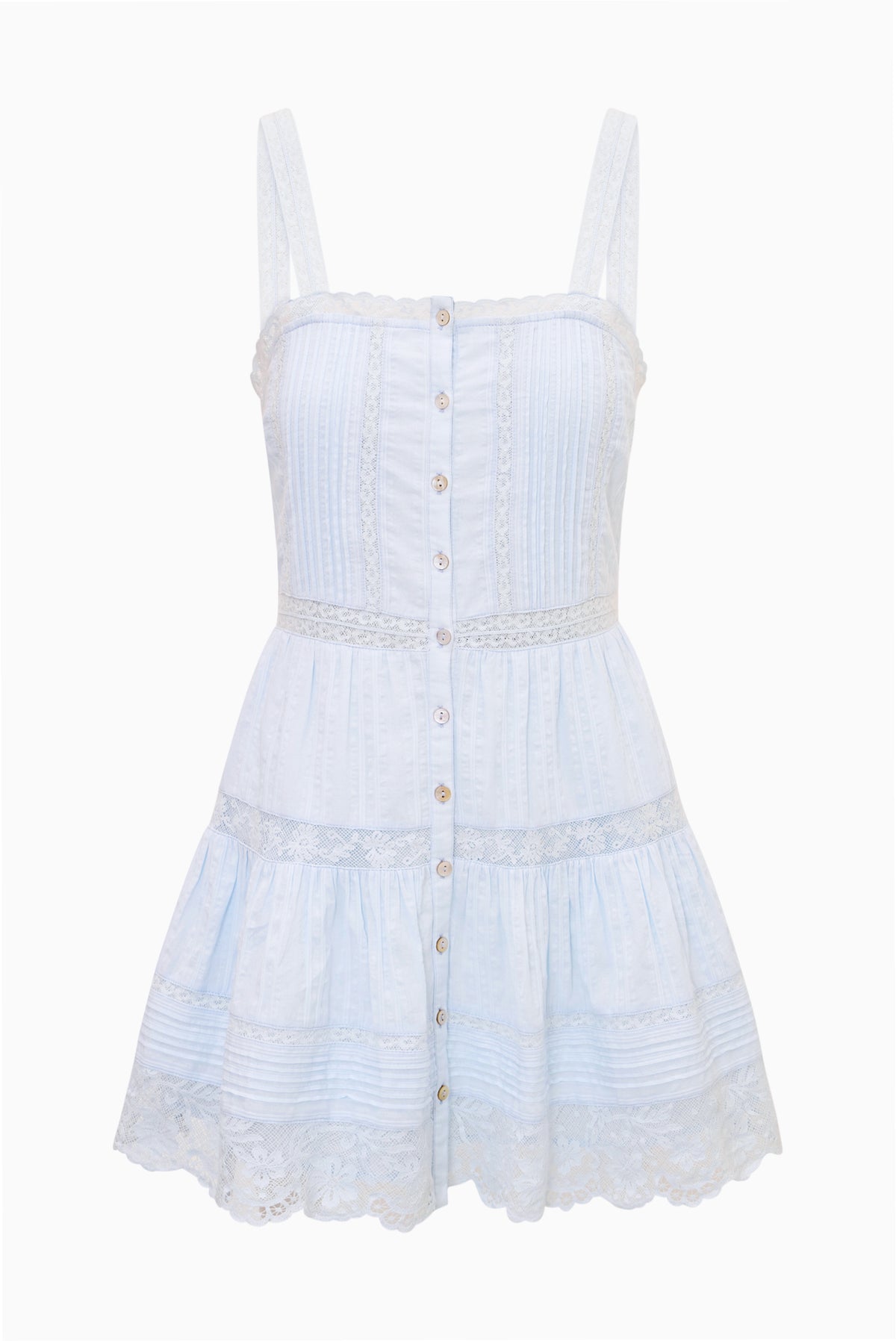 Light blue cotton mini dress with square neckline, thin straps, button-front tiers, lace hem