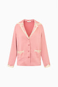 Women's crepe button-down top in flushed nude with lace-trim V neckline and button placket