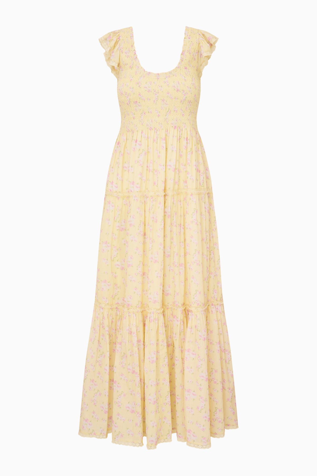 Lemon floral maxi dress with tiered skirt and short flutter sleeves