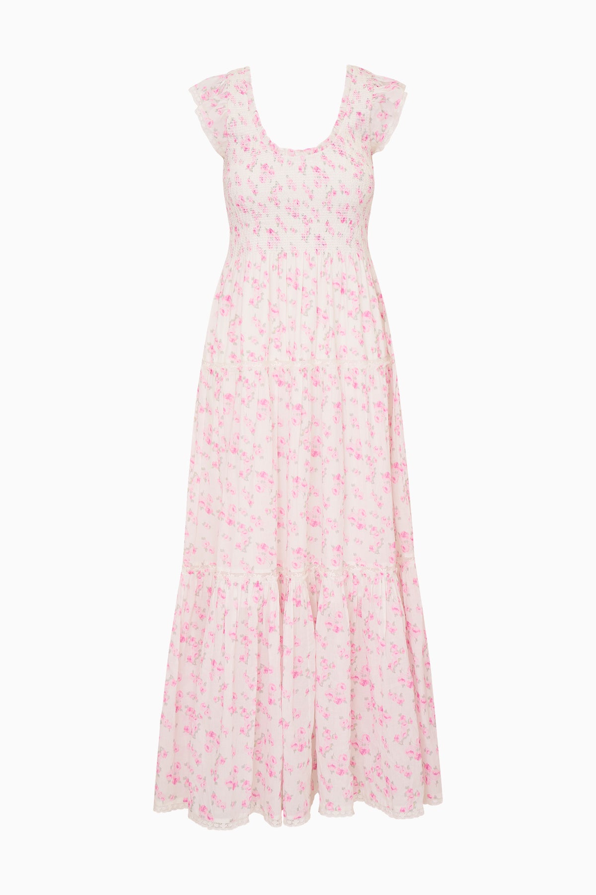Light pink floral maxi dress with flutter sleeves and gathered skirt