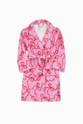 Kids pink hooded robe with bow-like pattern, belt sash, open collar