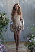 Tan suede eyelet mini dress with ruffled tiered skirt and lace trim