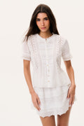 White cotton Victorian top with lace yoke and vertical button placket, short sleeves