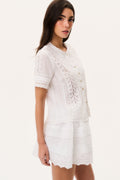 White cotton Victorian top with lace side detailing and button placket, short sleeves