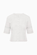 White cotton Victorian top with lace yoke, button front, and 3/4-length sleeves