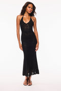 Black pointelle maxi dress on model, lace trim V-neck and narrow shoulder straps