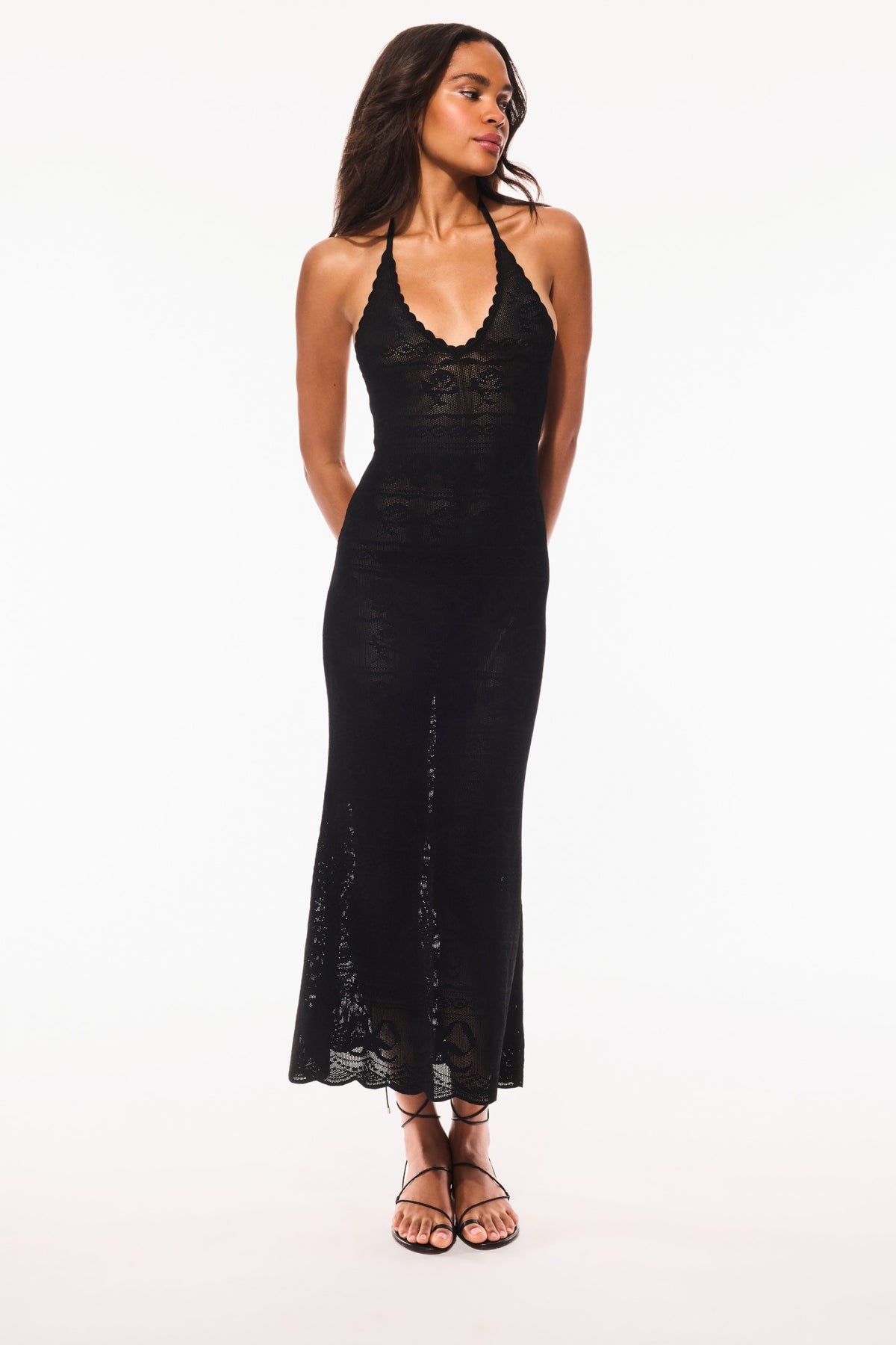 Black pointelle knit maxi dress, sleeveless V-neck with scalloped lace hem