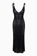 Black pointelle knit maxi dress with lace V neckline and spaghetti straps