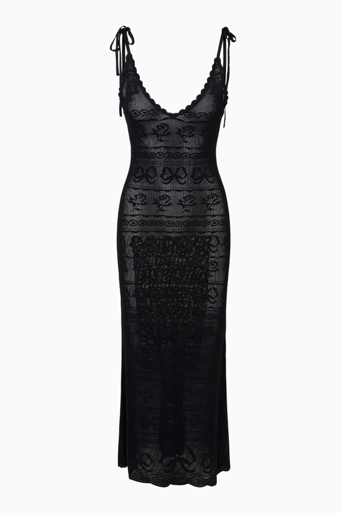 Black pointelle knit maxi dress with lace V neckline and spaghetti straps