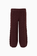 Little girls Shalley pants, burgundy knit with cable pattern and elastic waistband, detail view