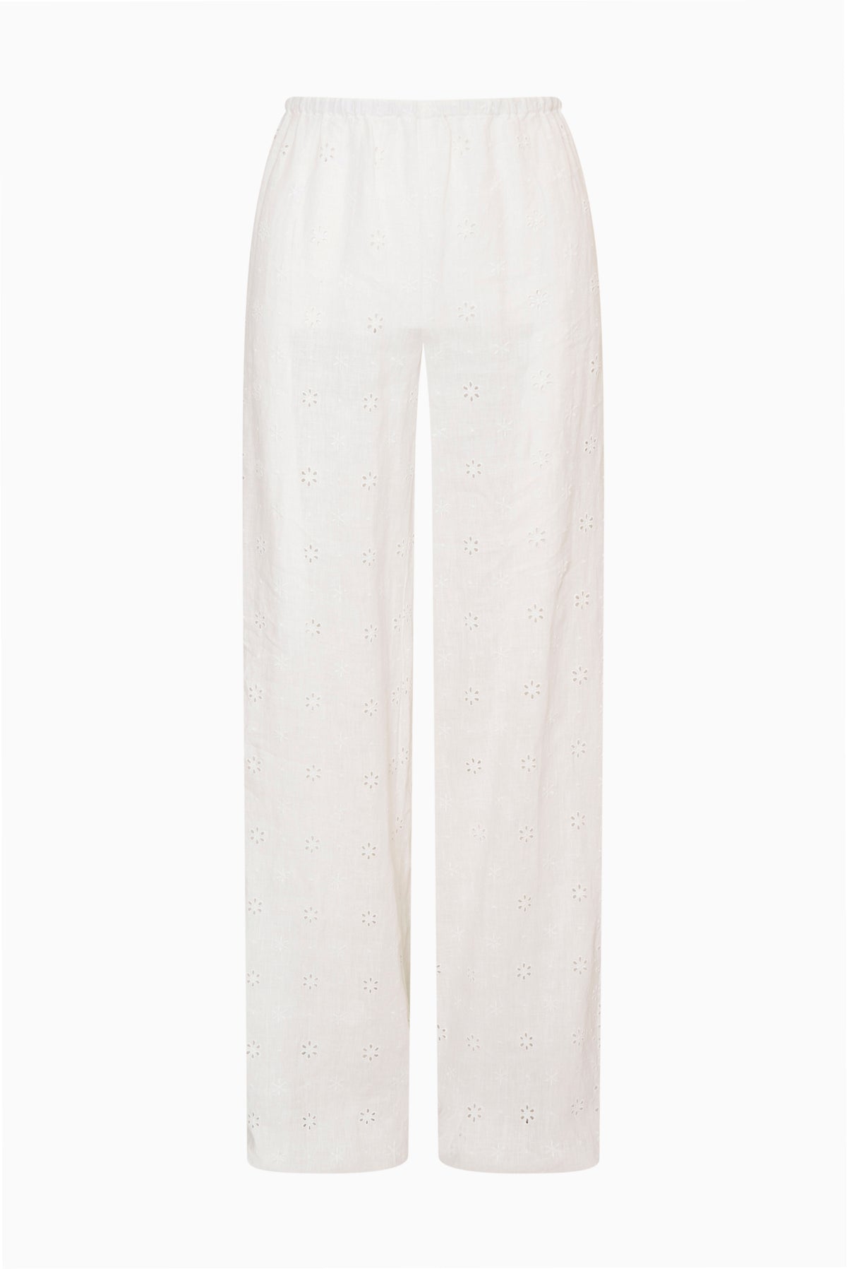 Optic white eyelet linen pants, high-rise wide-leg with embroidered eyelet dots