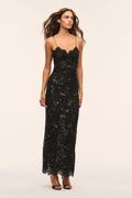 Black lace maxi dress with spaghetti straps and scalloped V neckline