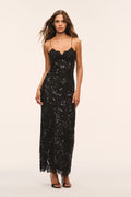 Black lace maxi dress with spaghetti straps and sparkling embellished texture