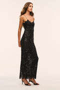 Black embellished lace maxi dress with spaghetti straps and fitted silhouette