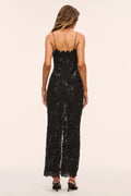 Black lace maxi dress back view with thin spaghetti straps and open back