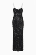 Black embellished lace maxi dress with spaghetti straps and scalloped neckline