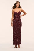 Bordeaux lace maxi dress with spaghetti straps and scalloped V neckline