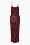 Bordeaux embellished lace maxi dress with spaghetti straps and scalloped neckline