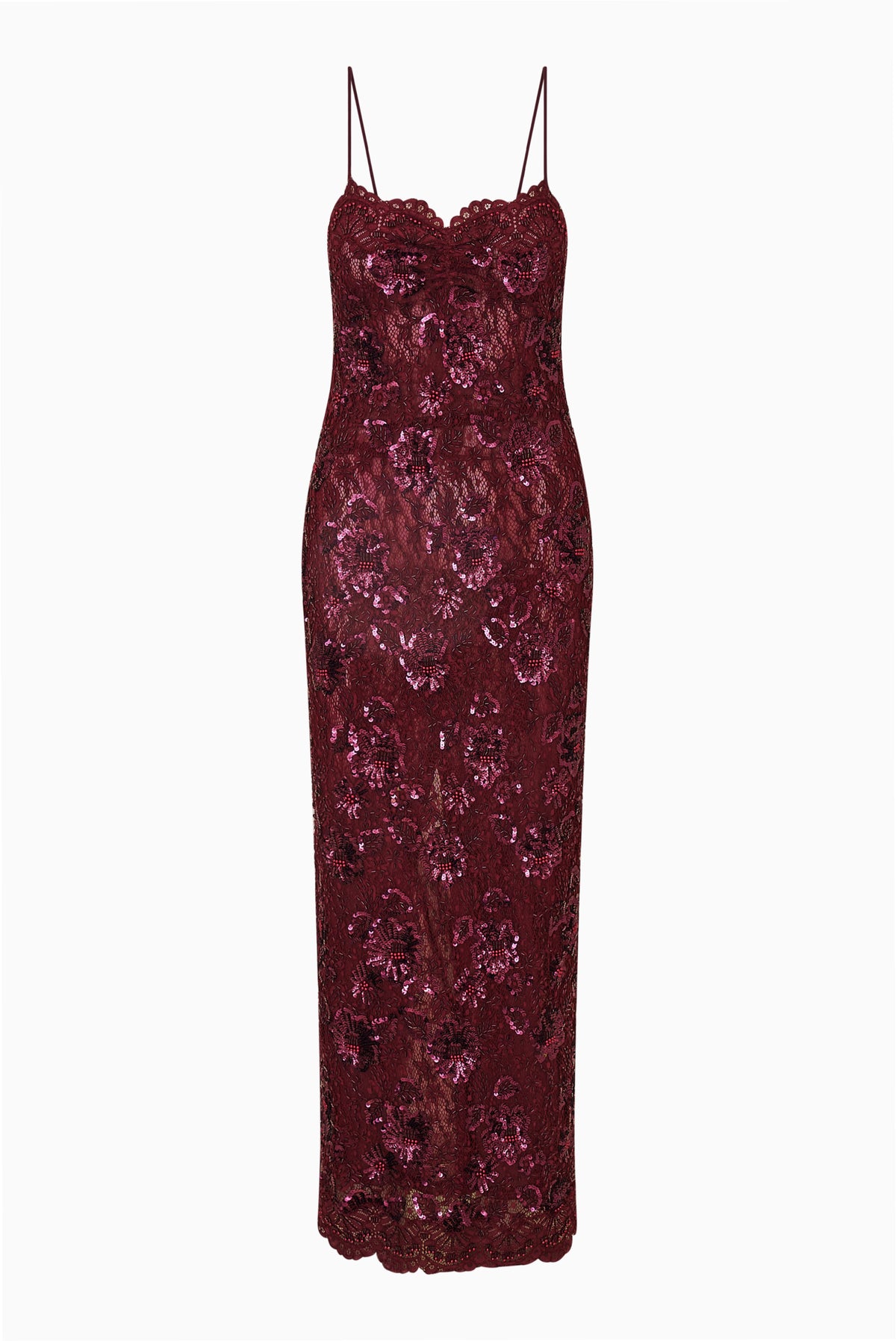 Bordeaux embellished lace maxi dress with spaghetti straps and scalloped neckline