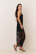 Black satin lace maxi dress, sleeveless with spaghetti straps and lace-paneled hem
