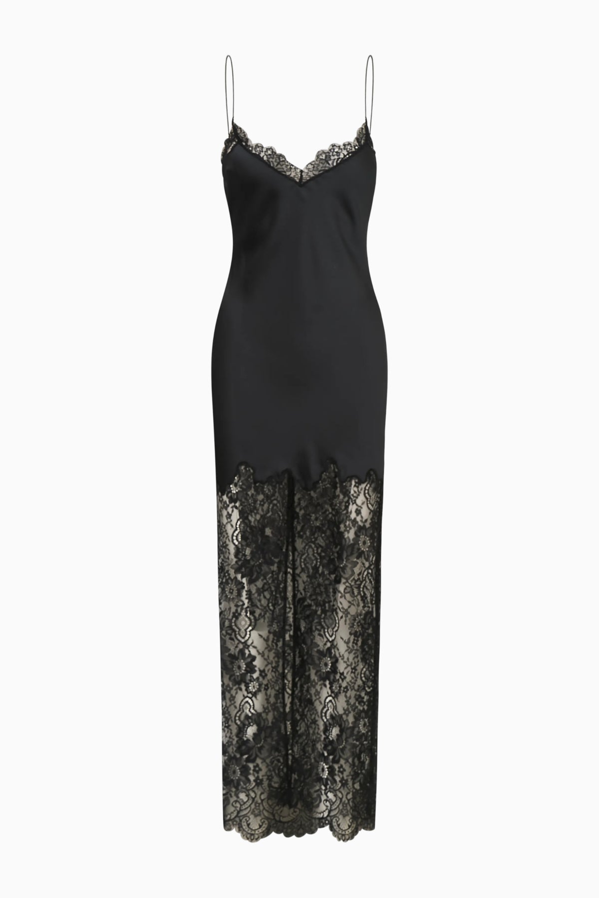 Black lace maxi dress on white background, satin bodice and lace panel skirt